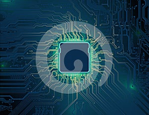 Printed circuit board, motherboard. Abstract technological background. Computer technology, processor, microchip. Artificial