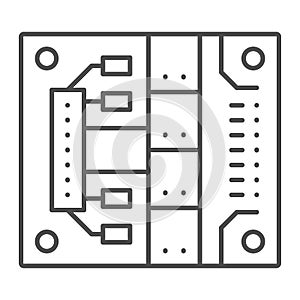 Printed circuit board with mounting slots thin line icon, electronics concept, PCB vector sign on white background