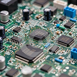 Of a printed circuit board PCB featuring multiple microchips capacitors and