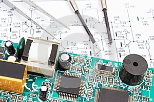 Printed circuit board, precision tools and diagram of electronics. Technology