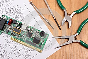 Printed circuit board. precision tools and diagram of electronics, technology