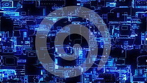 Printed circuit board. Visualization of advanced technology concept: PCB processor microchip, digitization of neural