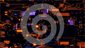 Printed circuit board. Visualization of printed circuit board processor chip, digitalization of neural networks and