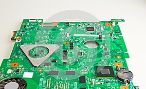 Printed computer motherboard with microcircuit, close up