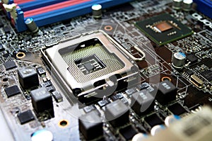 Printed computer motherboard with microcircuit, close up