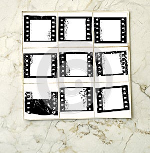 Printed contact sheet with empty camera film photo frames, free copy space, free copy space, mock up,template, grungy