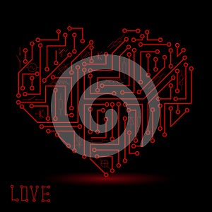 Printed dark red electrical circuit board heart symbol eps10