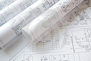 Printed drawings of electrical circuits.