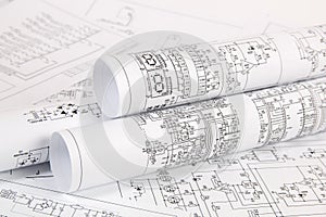Printed drawings of electrical circuits. Science, technology and electronics.
