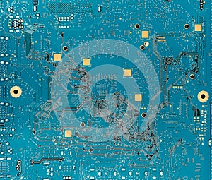 Printed electronic computer board is in blue color, close up