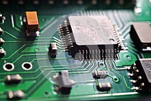 Printed programmable microcomputer with microcircuit, chip close up with selective focus macro