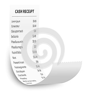 Printed purchase bill. Paper roll with cash amount