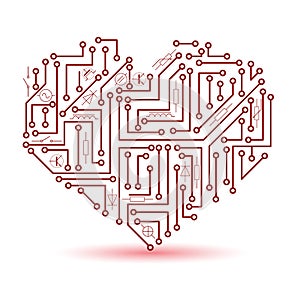 Printed red electrical circuit board heart symbol eps10