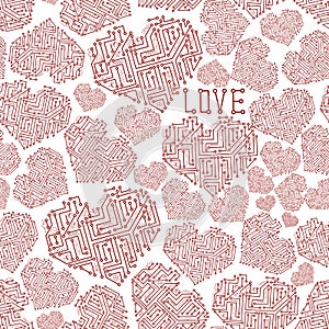 Printed red electrical circuit board heart symbol seamless pattern eps10