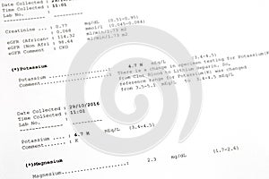 Printed result paper of Potassium, Magnesium Levels in Blood. La