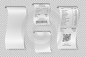 Printed sale receipt. Restaurant bill, isolated atm paper check. Blank cashier receipts mockup, shop or supermarket