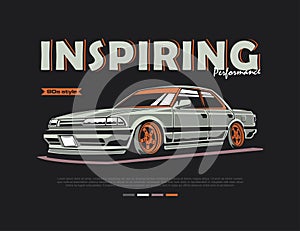 printed T-shirt design with 90s car illustration vector graphic image