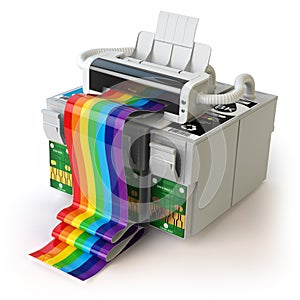 Printer and CMYK cartridges for colour inkjet printer isolated o