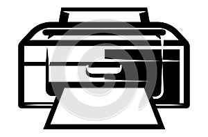 Printer icon with paper. Vector monochrome illustration