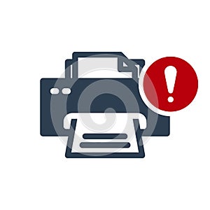 Printer icon, technology icon with exclamation mark. Printer icon and alert, error, alarm, danger symbol