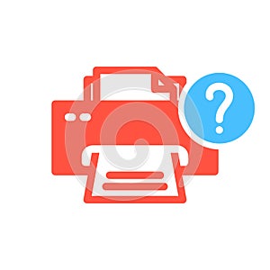 Printer icon, technology icon with question mark. Printer icon and help, how to, info, query symbol