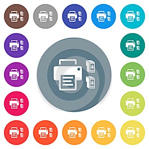 Printer and ink cartridges flat white icons on round color backgrounds