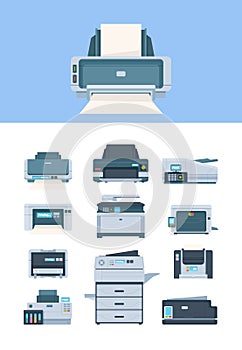 Printer. Inkjet office and industry machines terminal pc flat printers for print house garish vector illustrations