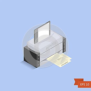 Printer isometric on blue background. Vector. Isometric office printed machine with paper sheet and documents.
