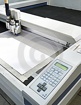 Printer, machine and paper factory at warehouse with manufacturing distribution, ink jet or press. Technology, automated