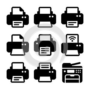 Printer and multifunction device solid glyph icon set on white background
