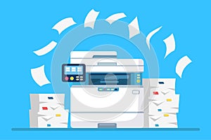 Printer, office machine with paper, document stack. Scanner, copy equipment. Paperwork. Multifunction device. Vector cartoon