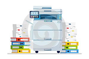 Printer, office machine with paper, document stack. Scanner, copy equipment. Paperwork. Multifunction device. Vector cartoon