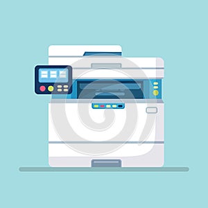 Printer, office machine. Scanner, copy, fax equipment. Multifunction device. Paperwork concept. Vector design