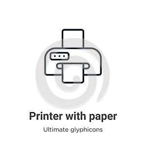 Printer with paper outline vector icon. Thin line black printer with paper icon, flat vector simple element illustration from