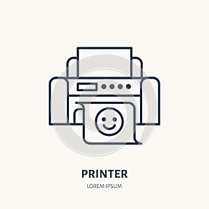 Printer with printed paper flat line icon. Office printing device sign. Thin linear logo for printery, equipment store