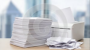 Printer printing documents on a desk in office