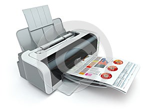 Printer prints business report on white background.