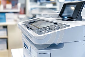 A printer sitting on a desk, ready to use