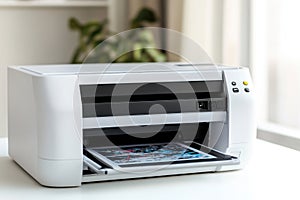 A printer sitting on top of a white table, ready to use