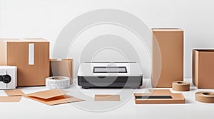 A printer is on a table with boxes and other items