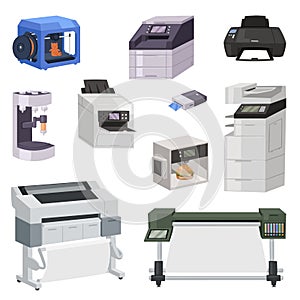 Printer vector print machine technology office equipment printing on paper illustration isometric set of digital laser