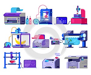 Printer vector print machine technology office equipment printing on paper illustration set of digital laser work design