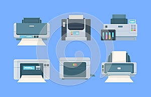 Printers. Documents and photo on papers copy machines for printing house vector flat illustration