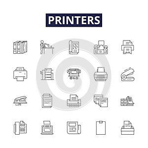 Printers line vector icons and signs. Printing, Ink, Laser, Toner, Canon, Epson, HP, Network outline vector illustration