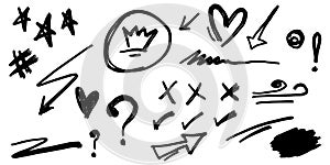 PrintHand drawn set of doodle elements. check mark, swoops, swirl, arrow, heart, crown, star, sun burst, firework