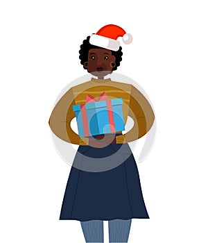 PrintHappy girl with Christmas presents in Santa`s hat. Beautiful element for your New Year design. Christmas eve, happy celebrati