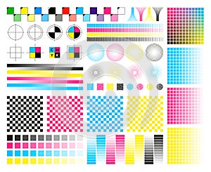 Printing CMYK marks. Color calibration plate with registration marks for press printing, prepress plate. Vector swatch photo