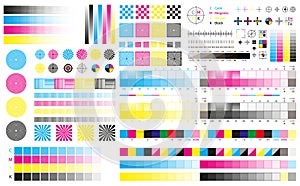 Printing cmyk marks. Offset print calibration marks, gradient color tone, color bars and registration plates. Color