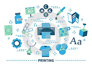 Printing concept. Printer machine, big industry. Isolated illustration