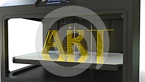 Printing golden ART text with a 3D printer, metal printing 3D rendering